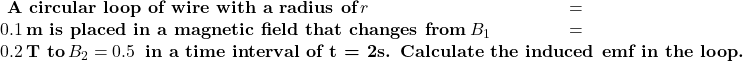 Rendered by QuickLaTeX.com \textbf{ A circular loop of wire with a radius of}\, \(r = 0.1 \, \textbf{m is placed in a magnetic field that changes from}\, \(B_1 = 0.2 \, \textbf{T to}\, \(B_2 = 0.5 \, \textbf{ in a time interval of t = 2s. Calculate the induced emf in the loop.}