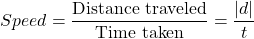 \[Speed = \frac{\text{Distance traveled}}{\text{Time taken}}=\frac{|d|}{t}\]