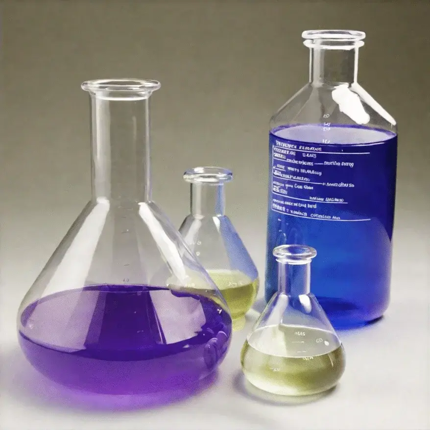 Three glass flasks with blue and purple liquids.