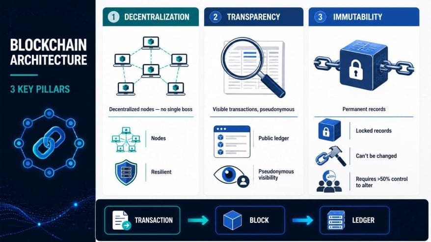 blockchain architecture - 3 key pillars