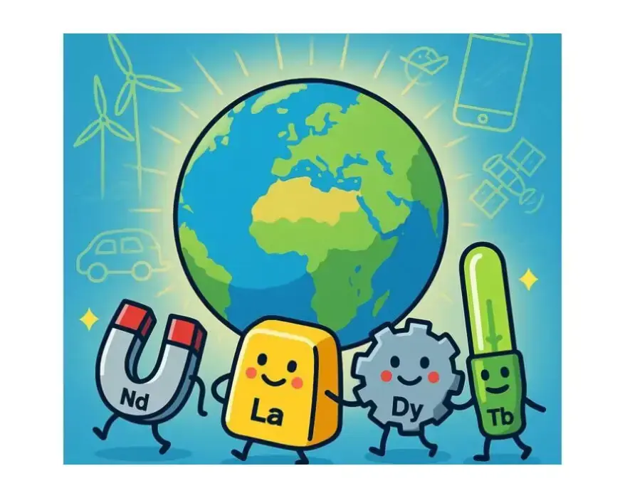 Cartoon Earth encircled by smiling rare earth elements and green tech icons, illustrating their role in the Rare Earth Crisis and India's supply chain.