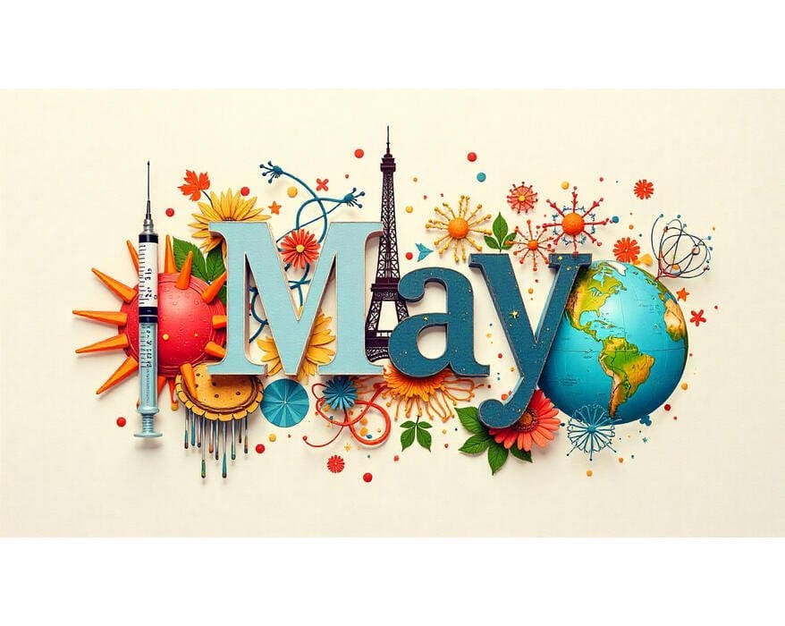 Cover collage for historical events in May, featuring science, medicine, and global milestones.
