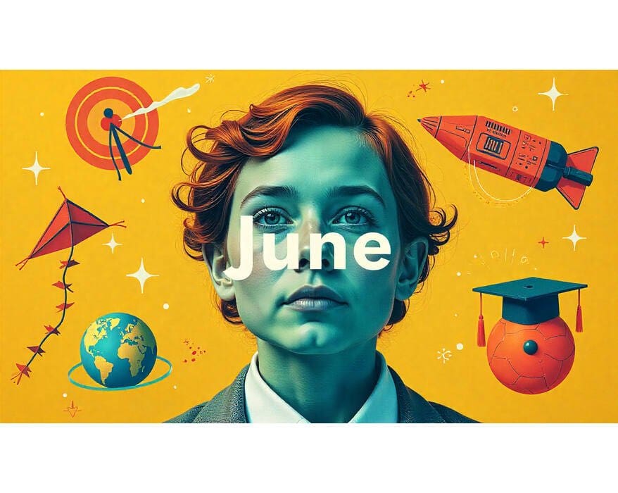 Colorful cover image for Historical Events in June showing icons of major June milestones, including Franklin’s kite, Pioneer 10, a radio, World Environment Day, first female PhD, and nuclear power (generated image)