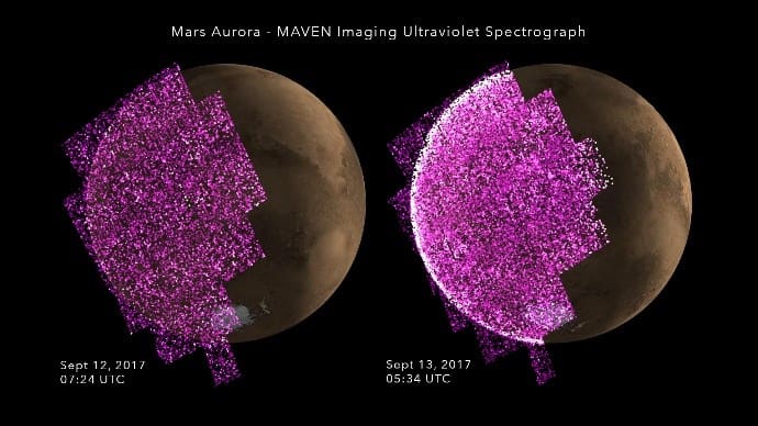 MAVEN captured ultraviolet auroras on Mars, scattered by its patchy magnetic fields. Image credit: NASA/Goddard/University of Colorado–Boulder (Public Domain).