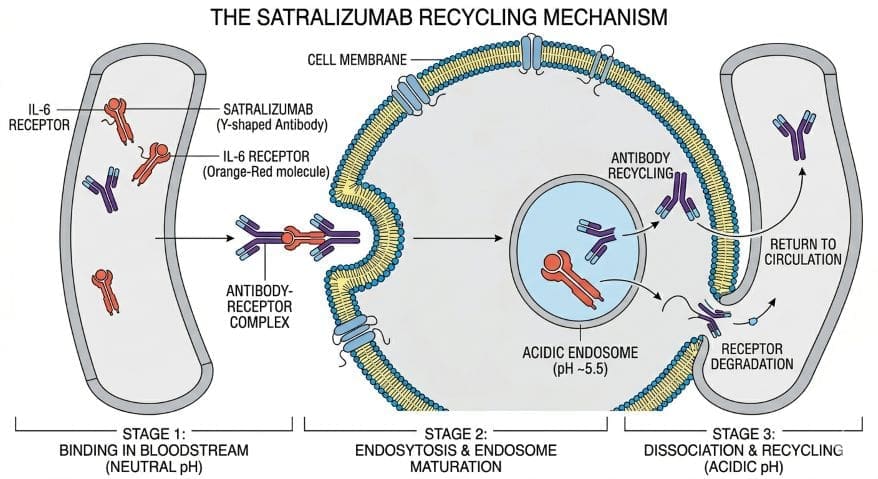 A scientific process diagram showing how the drug Satralizumab binds to IL-6 receptors in the bloodstream: MOGAD Treatment