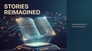 Futuristic holographic book above a glowing console with neural-network lines and constellation glyphs — Claude Mythos AI preview Project Glasswing