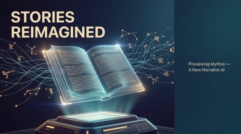 Futuristic holographic book above a glowing console with neural-network lines and constellation glyphs — Claude Mythos AI preview Project Glasswing