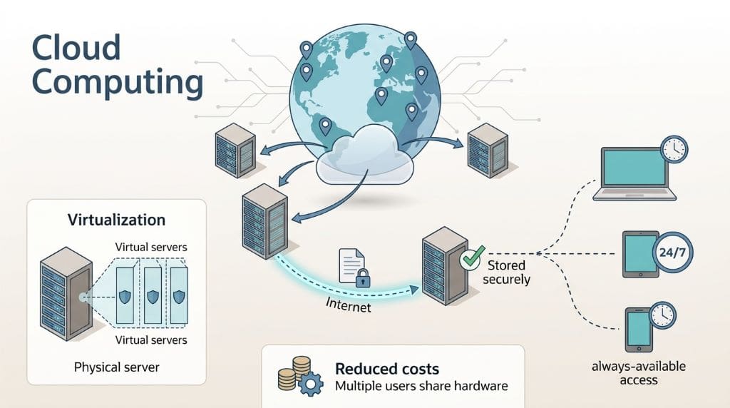 Infographic showing global data centers, file traveling over internet to secure server storage, device access 24/7, and virtualization splitting servers.