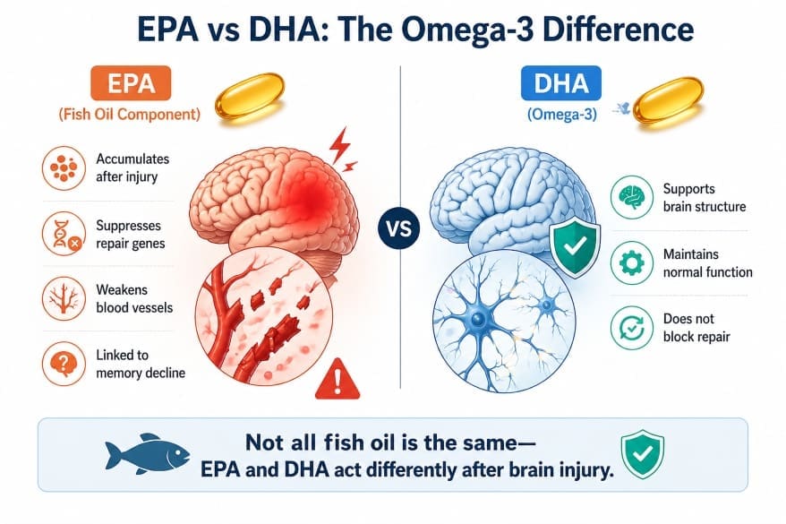 EPA vs DHA fish oil infographic comparing effects on brain injury recovery and brain health