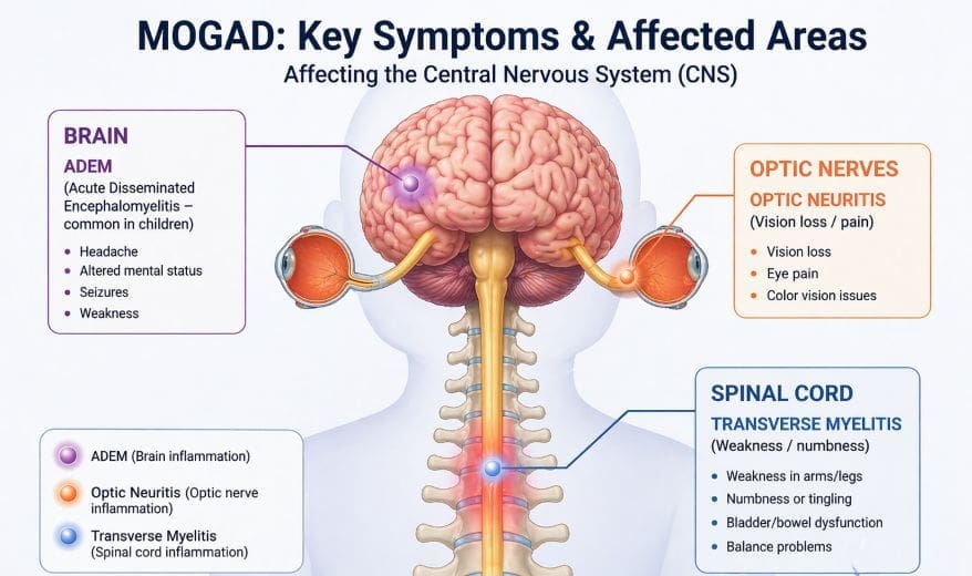 A clean medical diagram showing a human silhouette and a brain cross-section. Labels highlight the three main areas affected by MOGAD.