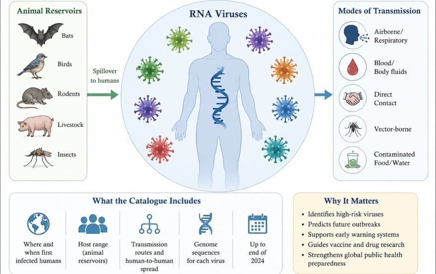 Infographic showing 239 human-infective RNA viruses, their animal reservoirs, transmission routes, and key outbreak data