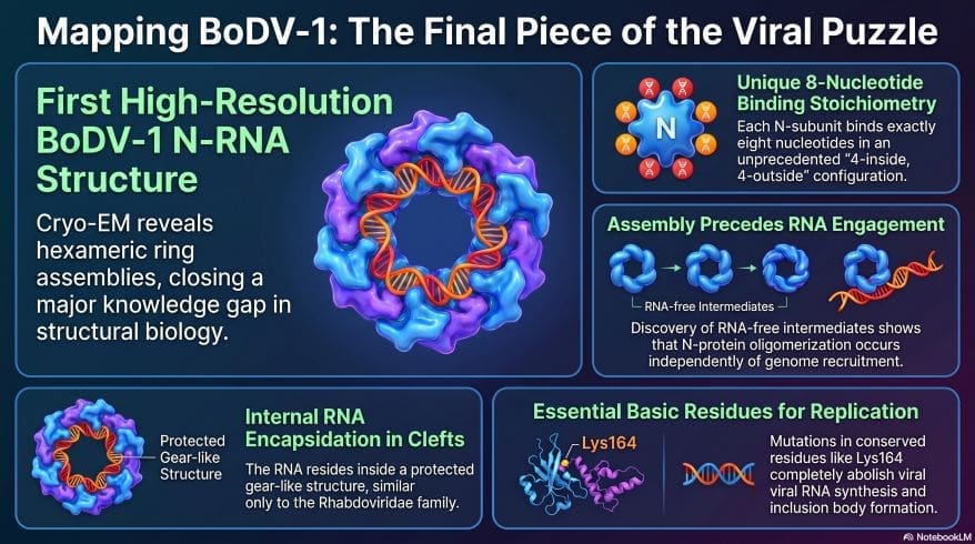 A detailed scientific infographic showing the hexameric ring structure of the BoDV-1 nucleoprotein-RNA complex, featuring a 3D "gear-like" model and diagrams of the 8-nucleotide binding configuration.