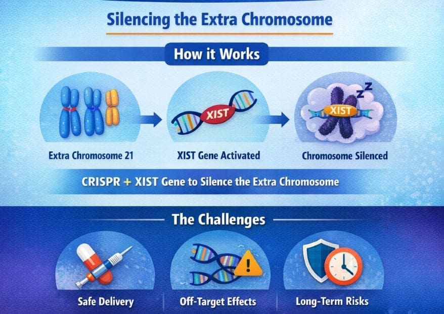 Infographic showing down syndrome gene editing using CRISPR and XIST to silence chromosome 21 and restore gene balance.