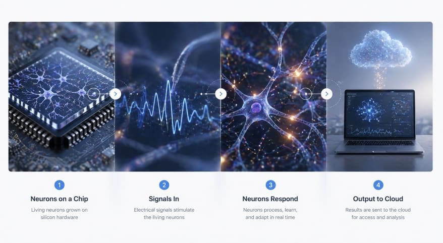 Infographic showing how a biological computer works, from neurons on a chip to cloud-based output