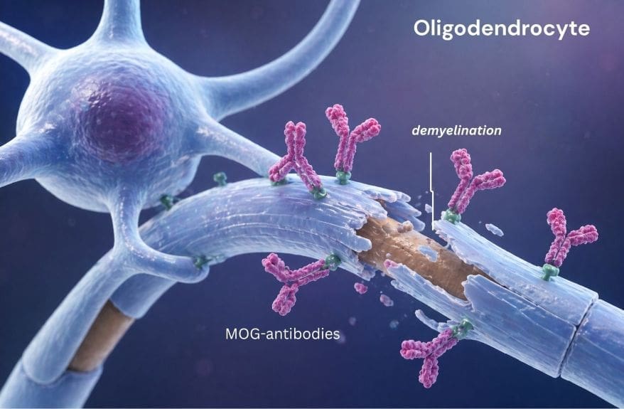 A cinematic 3D medical rendering of a blue neuron. Pink, Y-shaped MOG antibodies are shown attacking the protective myelin sheath: MOGAD Treatment