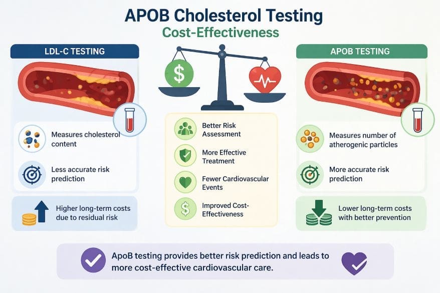 ApoB vs LDL cholesterol testing infographic showing improved risk prediction and cost-effectiveness of ApoB testing