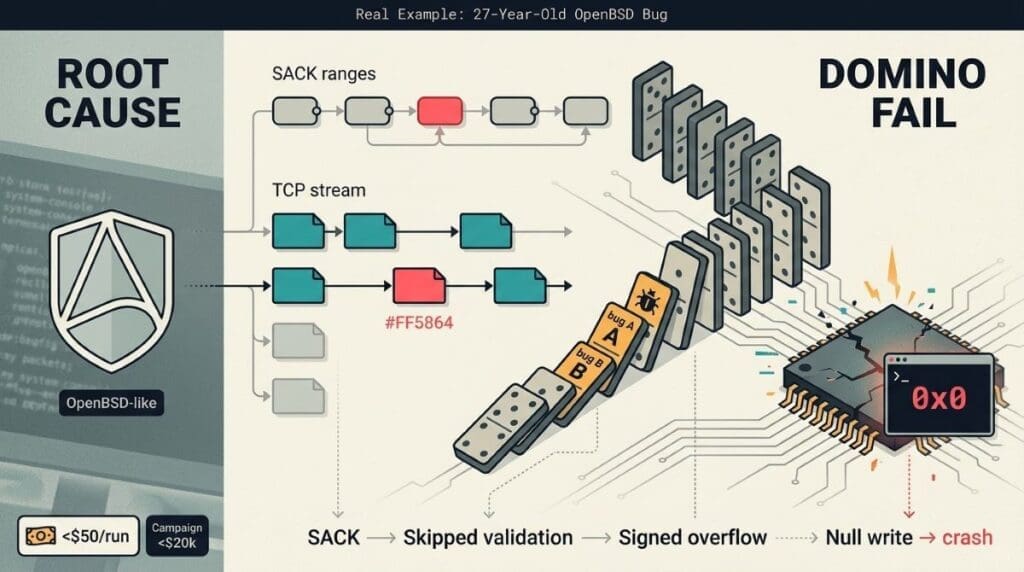 Real Examples of What Claude Mythos Found, Technical infographic showing SACK linked-list gaps, domino effect of two bugs, signed overflow causing null write and OpenBSD kernel crash
