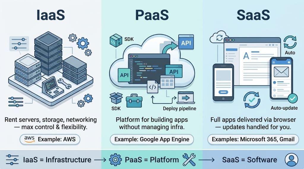 Triptych infographic comparing IaaS, PaaS, and SaaS with examples and key differences in control and use