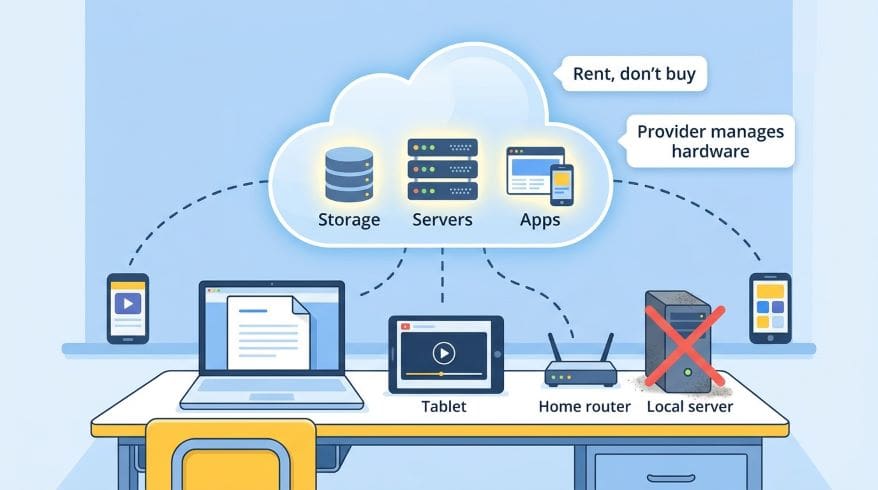 What Is Cloud Computing, Educational infographic of cloud computing showing cloud with storage, servers, and apps connecting to laptop, tablet, and phone; "Rent, don't buy" label