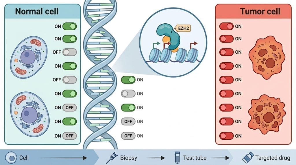 Infographic of epigenetics showing DNA with gene ON/OFF switches, normal vs tumor cells, and EZH2 protein flipping switches linked to increased tumor growth and spread.