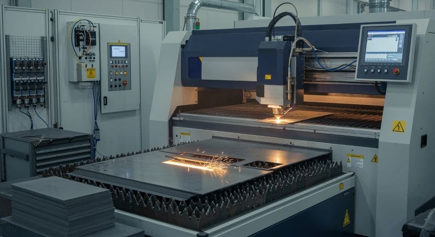 Fiber laser cutting system cutting stainless steel with focused white-blue laser beam, CNC gantry, and fiber optic modules.