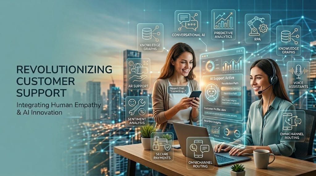 Customer support agent and AI holographic interface solving a customer's issue instantly — icons for chatbots, predictive analytics, voice assistants and AR support