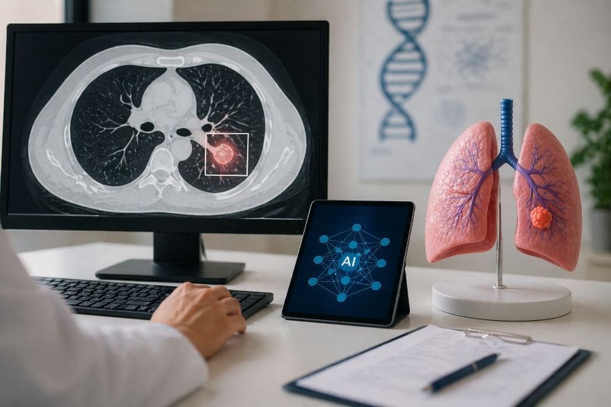 Doctor reviewing lung CT scan with AI tool and anatomical lung model on desk