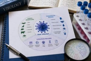 Scientific desk scene showing RNA virus diagram with transmission routes, animal reservoirs, and lab tools