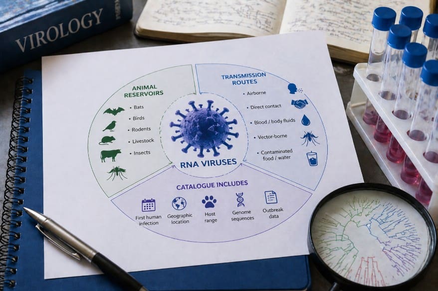 Scientific desk scene showing RNA virus diagram with transmission routes, animal reservoirs, and lab tools