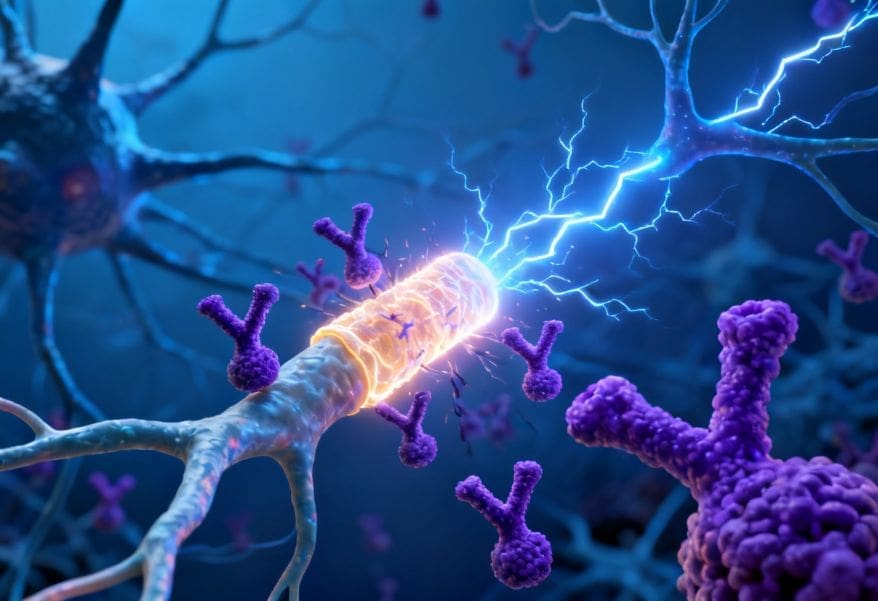 A cinematic 3D visual of a neuron showing MOGAD symptoms and treatment concepts through a molecular attack on the myelin sheath.