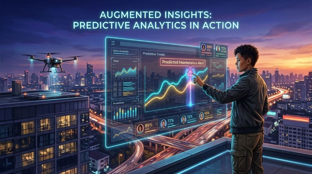 Futuristic dashboard above a cityscape showing translucent charts, predictive trend lines, alerting an analyst who taps a holographic graph while a service bot prepares to respond, illustrating proactive problem-solving through data.