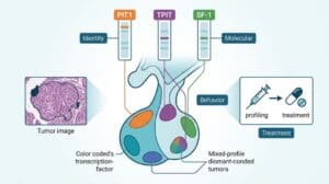 transcription factor profiling, Infographic of pituitary gland showing tumor regions mapped to transcription factors PIT1, TPIT, and SF-1, illustrating molecular signatures, mixed profiles, and links to diagnosis and treatment.