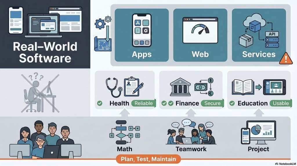 Infographic showing apps, web, and cloud services; sectors (health, finance, education); and student links: math, teamwork, and projects.