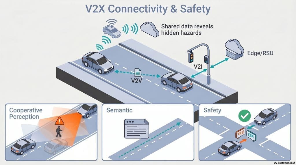 Infographic showing V2V and V2I links, roadside units and edge compute, cooperative perception revealing hidden hazards, and semantic planning signals.