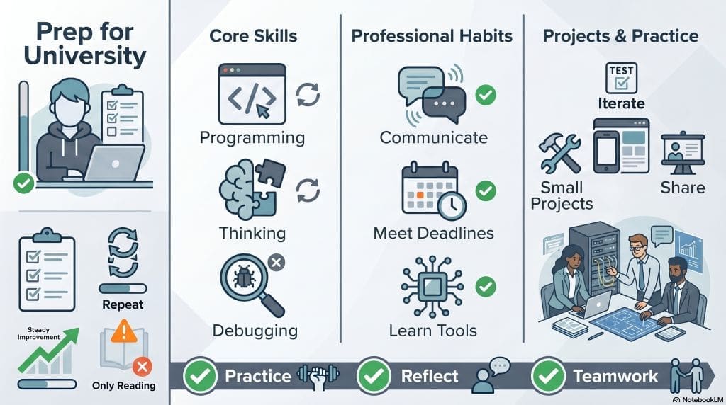 Infographic showing prep for university: programming, analytical thinking, debugging, communication, deadlines, learning tools, small projects, and teamwork.