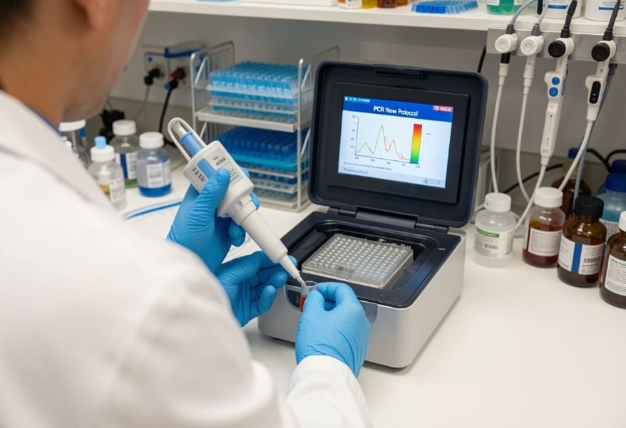 A scientist in a lab coat and blue gloves performing a PCR setup, dispensing a sample into a microcentrifuge tube