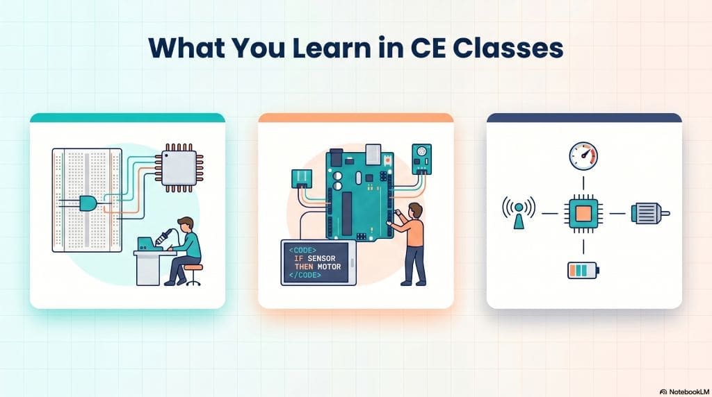Infographic: three panels showing digital logic and circuits, microcontroller programming, and systems-thinking flow with icons for breadboard, FPGA, sensor, and motor.