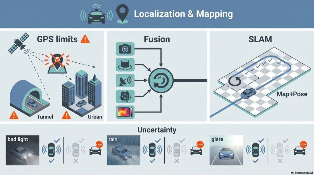 Infographic of vehicle localization: GPS failure in tunnels/urban canyons, sensor fusion (camera/LiDAR/radar/IMU), SLAM map+pose, and uncertainty handling.