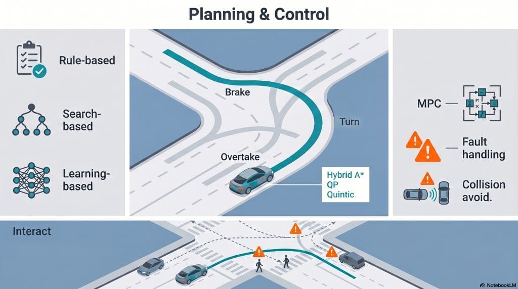 Infographic of planning and control: rule/search/learning planners, candidate trajectories for braking/turning/overtaking, and MPC-based control with safety checks.