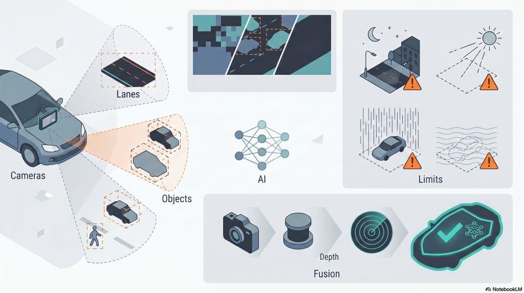 Infographic showing LiDAR point cloud, radar range/velocity, camera detections, fusion modes (raw/features/decision) and occupancy voxel grid for space mapping.