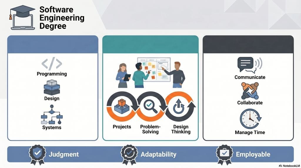 Infographic summarizing a software engineering degree: programming and systems, project work and design thinking, communication, collaboration, and employable skills.
