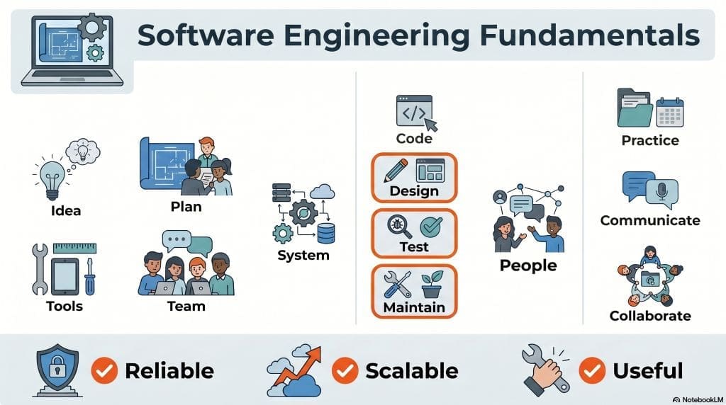 Infographic showing software engineering as planned teamwork: plan/tools/team, more than coding, and how students should practice and collaborate.