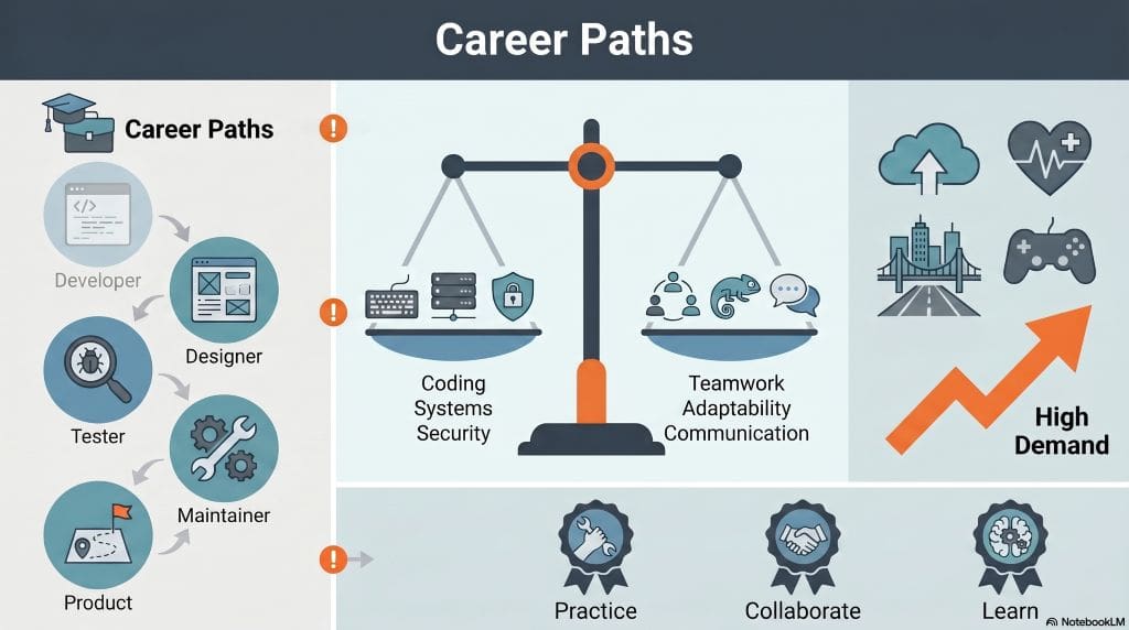 Infographic of software engineering career paths: roles, employer expectations (tech and soft skills), and growing demand across sectors.