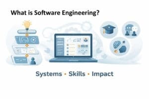 Feature image showing what is software engineering as systems work: plan, build, test, and improve with icons for apps, teamwork, and skills.