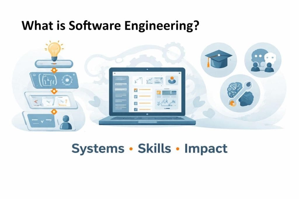 Feature image showing what is software engineering as systems work: plan, build, test, and improve with icons for apps, teamwork, and skills.