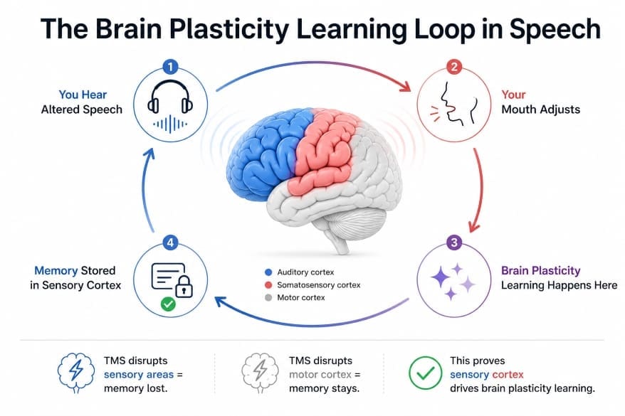 Circular infographic showing how the brain learns speech, highlighting auditory and somatosensory cortex as key areas for speech memory,