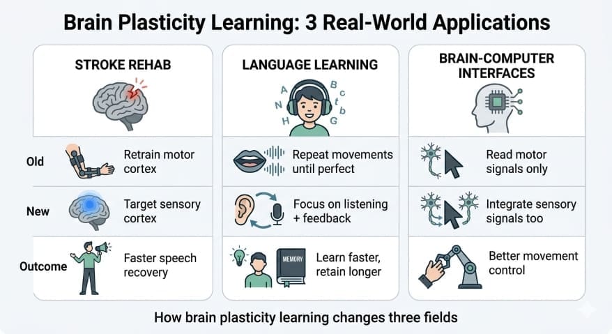 A minimal vertical infographic titled "How the Brain Learns Speech" showing a flow from a speaker to three sensory categories.