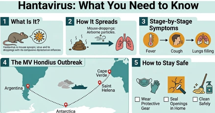 Vertical infographic titled “Hantavirus: What You Need to Know”