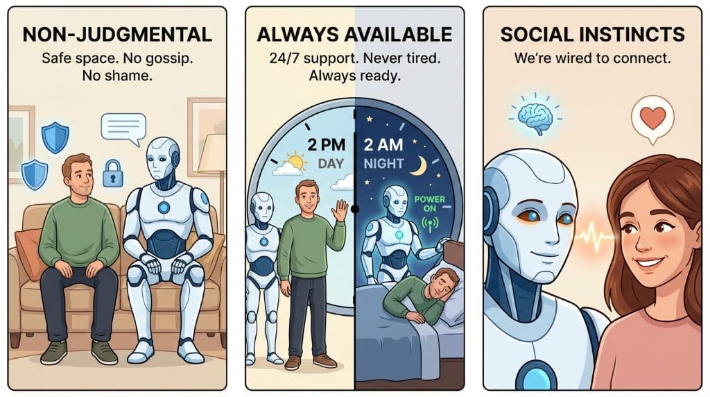 Three-panel diagram showing reasons for trusting robots with feelings: Panel 1 shows a person safely confiding in a non-judgmental robot with a shield icon; Panel 2 displays a robot available at 2 PM and 2 AM with a split day/night clock; Panel 3 depicts a person and robot making social eye contact with a brain connection icon, illustrating the CASA paradigm.