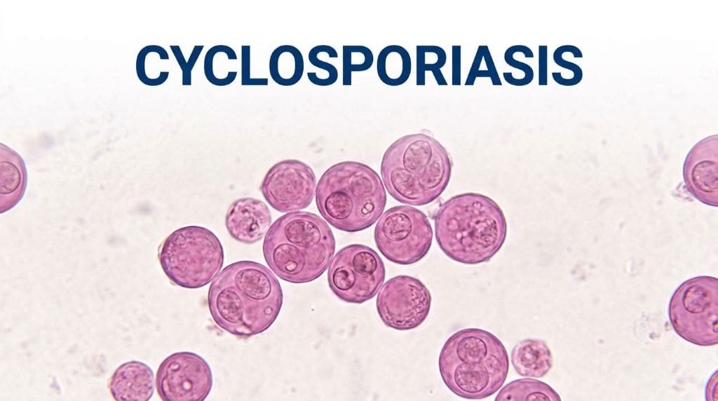 Cyclosporiasis symptoms microscopic parasite view